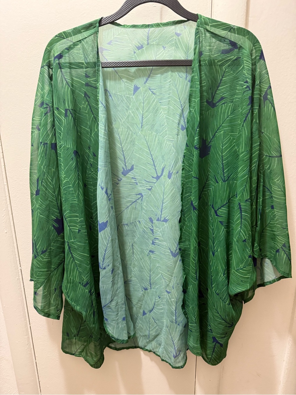 Green Leaf Print Sheer Kimono Cardigan